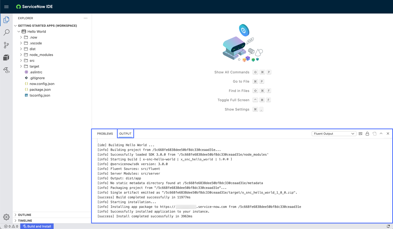 Logs in the Output panel indicating that the application built and installed successfully.