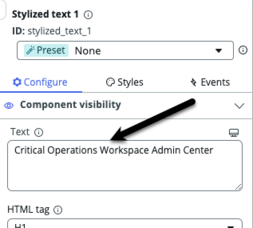 Configuration panel for stylized text component with black arrow pointing to text field.