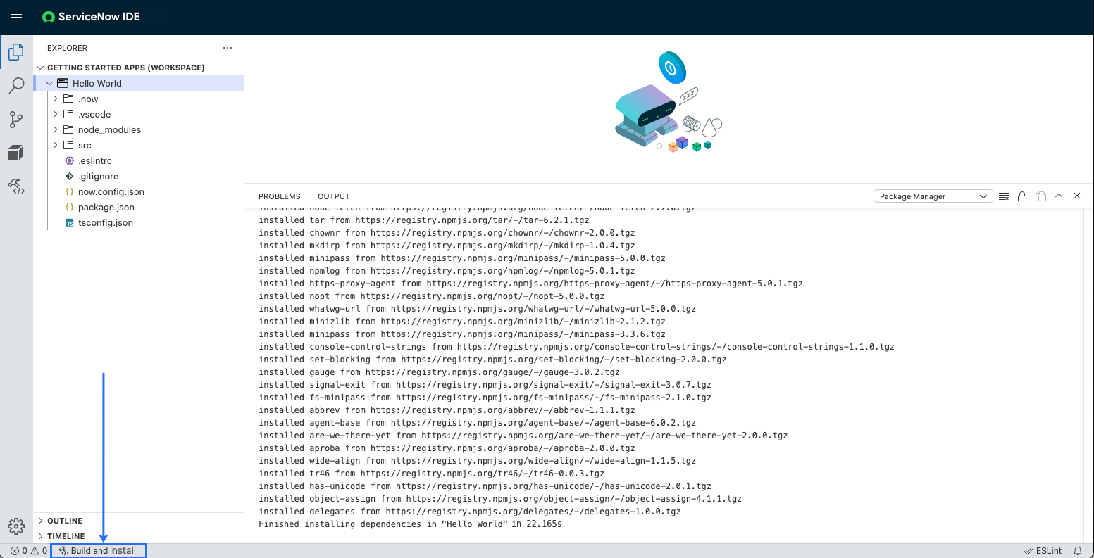Theinstall button in the Status Bar at the bottom of the ServiceNow IDE user interface.