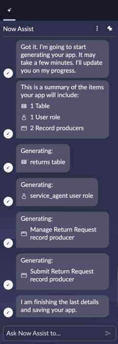 Now Assist provides a summary of what it's generating.