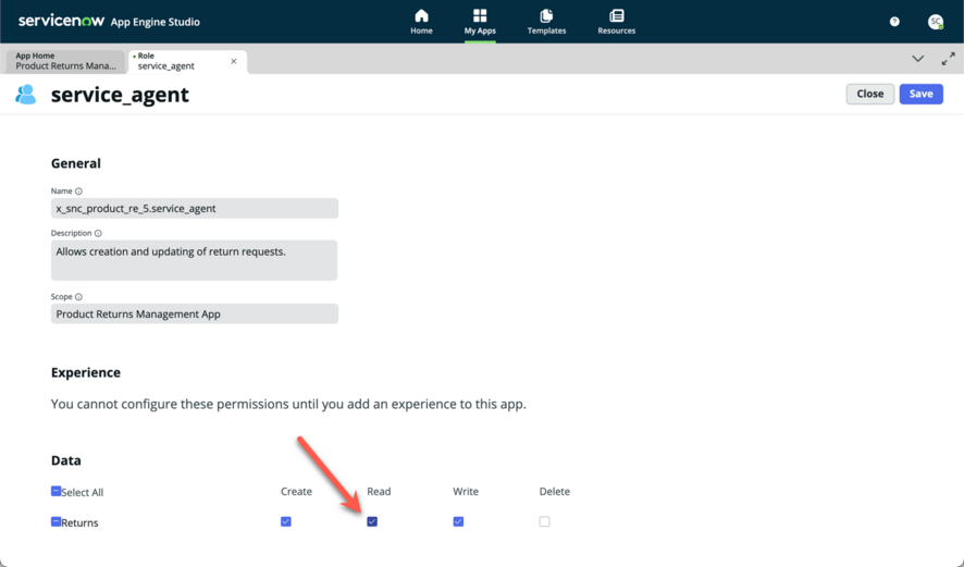 Role page with create, read, and write permissions enabled.