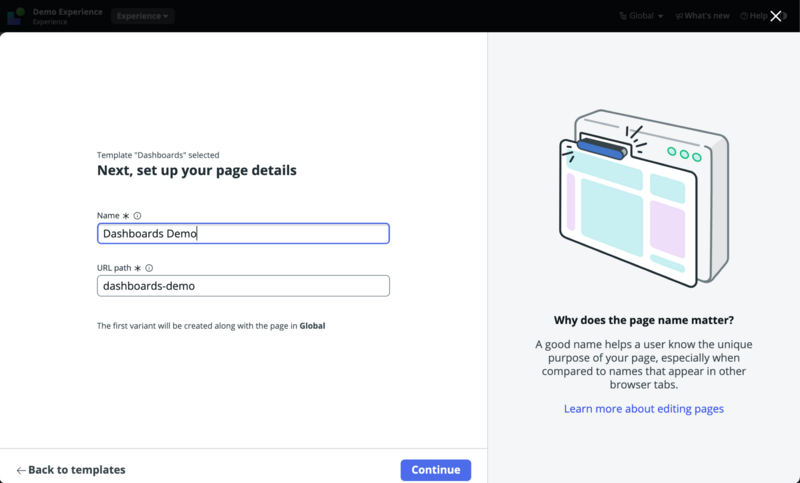 Page name and URL path fields.