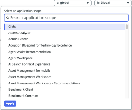 Application scope picker in UI Builder with the Global scope highlighted.