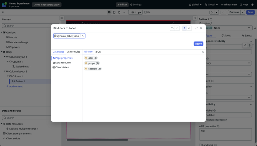 Data binding modal showing available data.