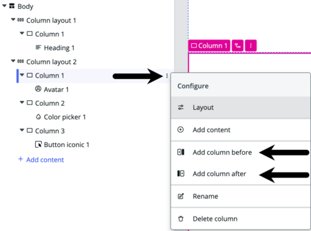Content tree with column menu icon selected showing the options to add a column before or after the selected column.