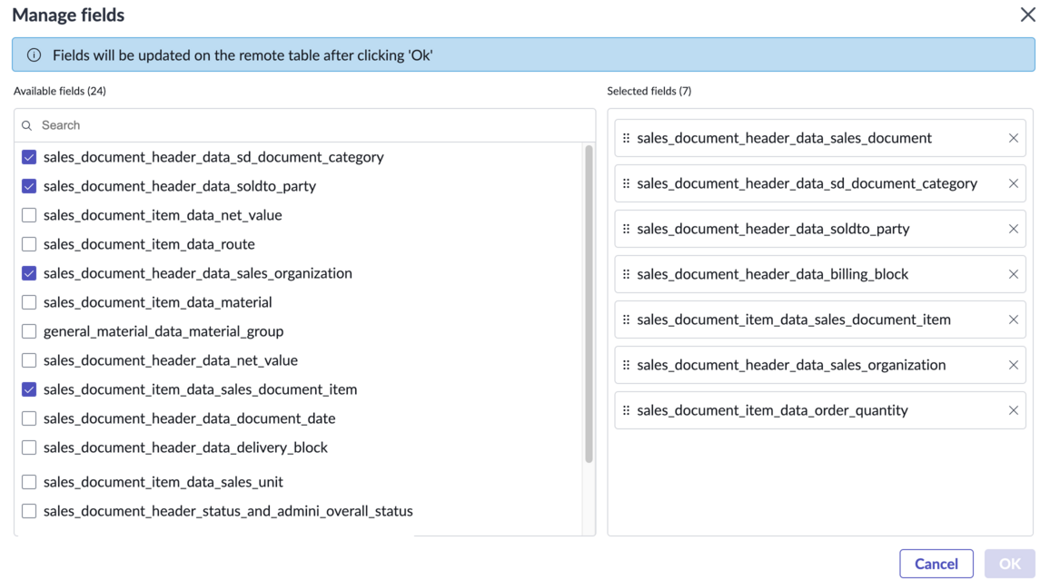 Manage fields to customize the remote table