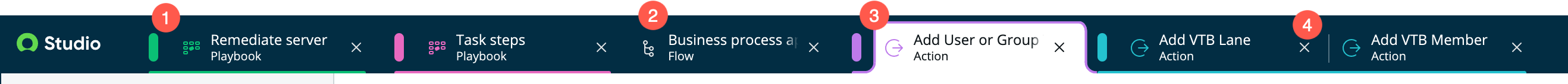 Integrated tabs with different types of files open are color coded and grouped. Upon hovering, see the scope the application or file is in.