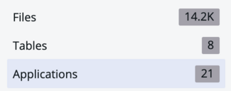 Filters for files, tables, and apps in the search results list