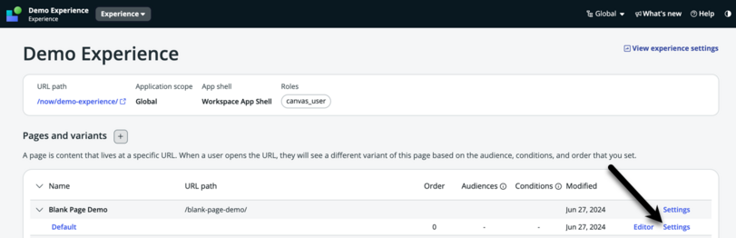 Arrow pointing to variant settings link to edit page variant settings.