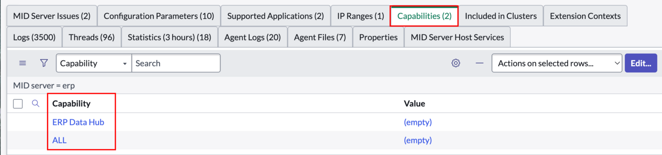 MID server record related lists with capabilities tab displayed showing ERP Data Hub and all.