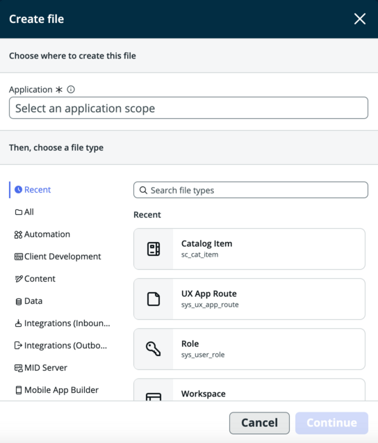 The create file modal appears, where you can select which kind of app file you would like to create.