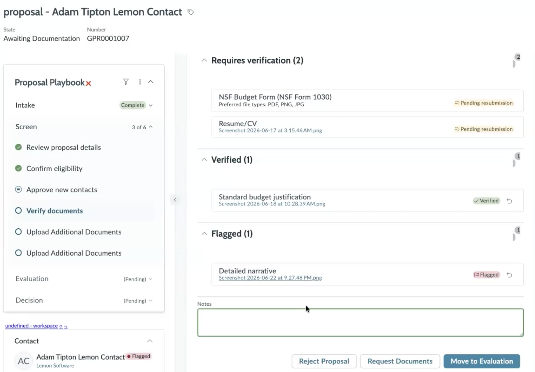 Verify and request correction for applicant documentation for a proposal