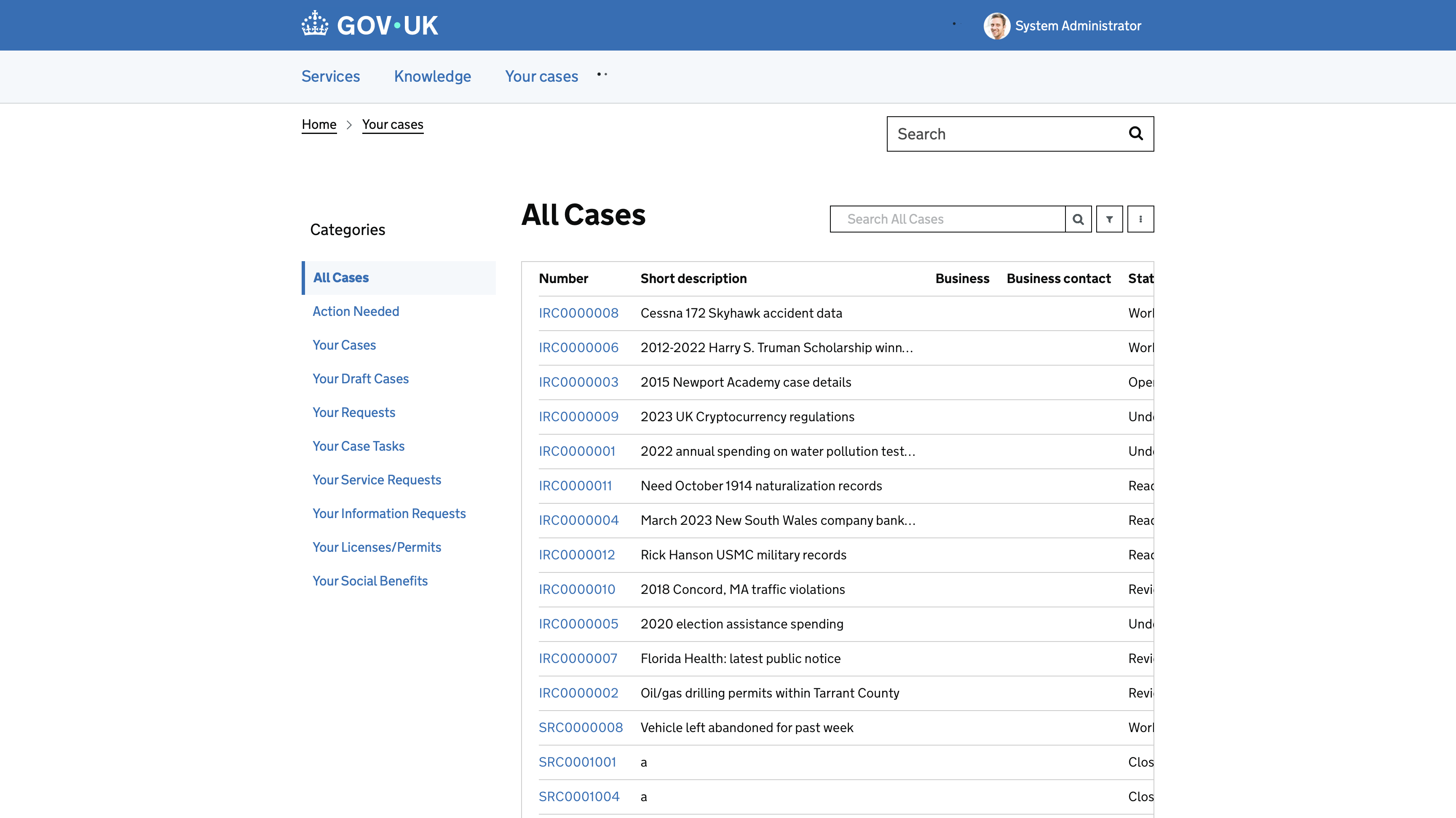 GDS Portal case list page.