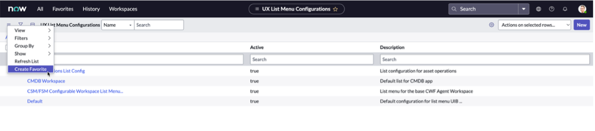 Context menu on the UX list menu configuration settings page with the Create Favorite option highlighted.