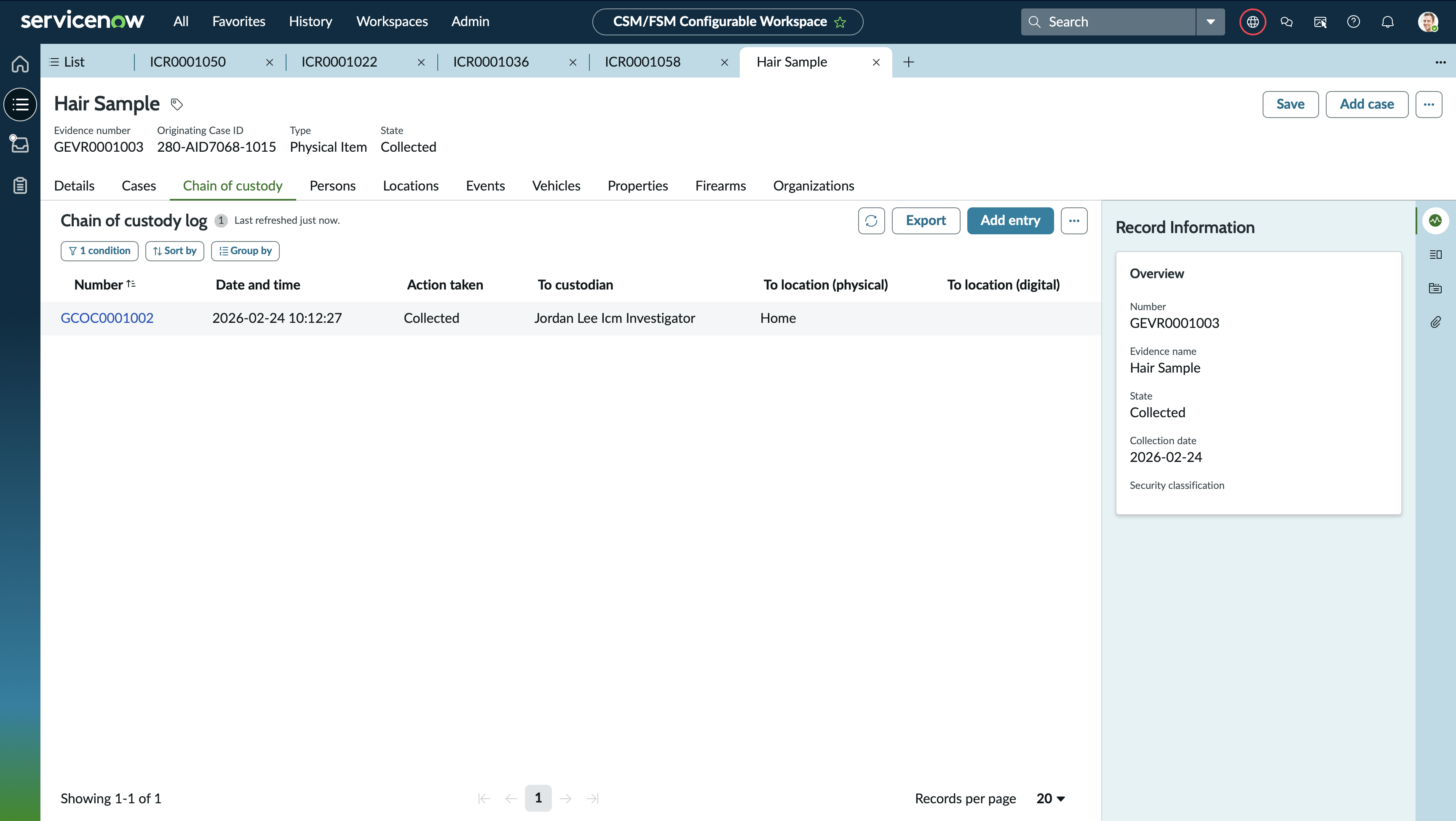 Investigative Case Management Evidence Management Chain of Custody Log View