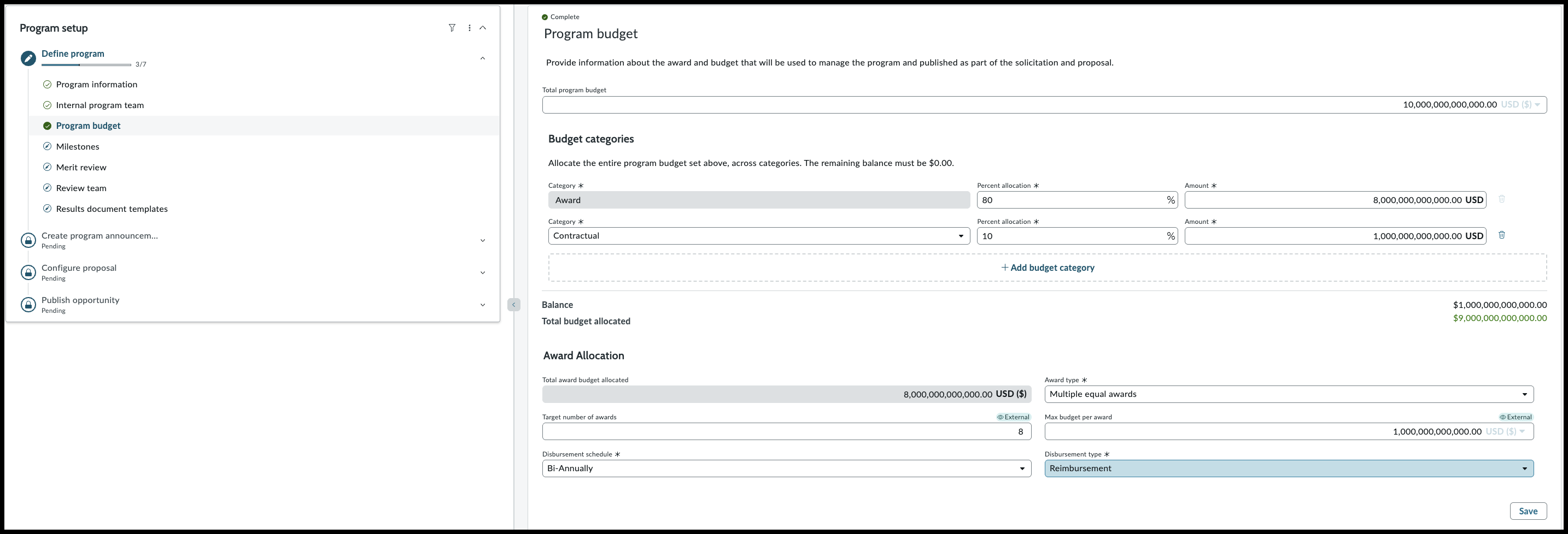 Program budget playbook view showing the three-section layout: Program Budget, Budget Categories, and Award Allocation