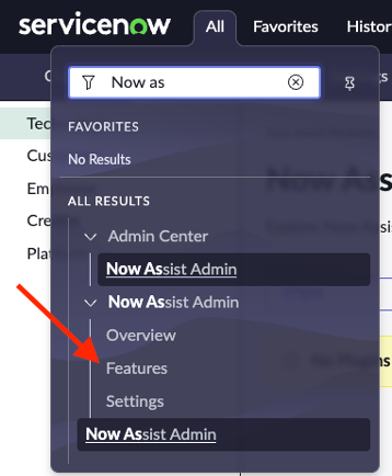 Menu dropdown showing Now Assist Admin