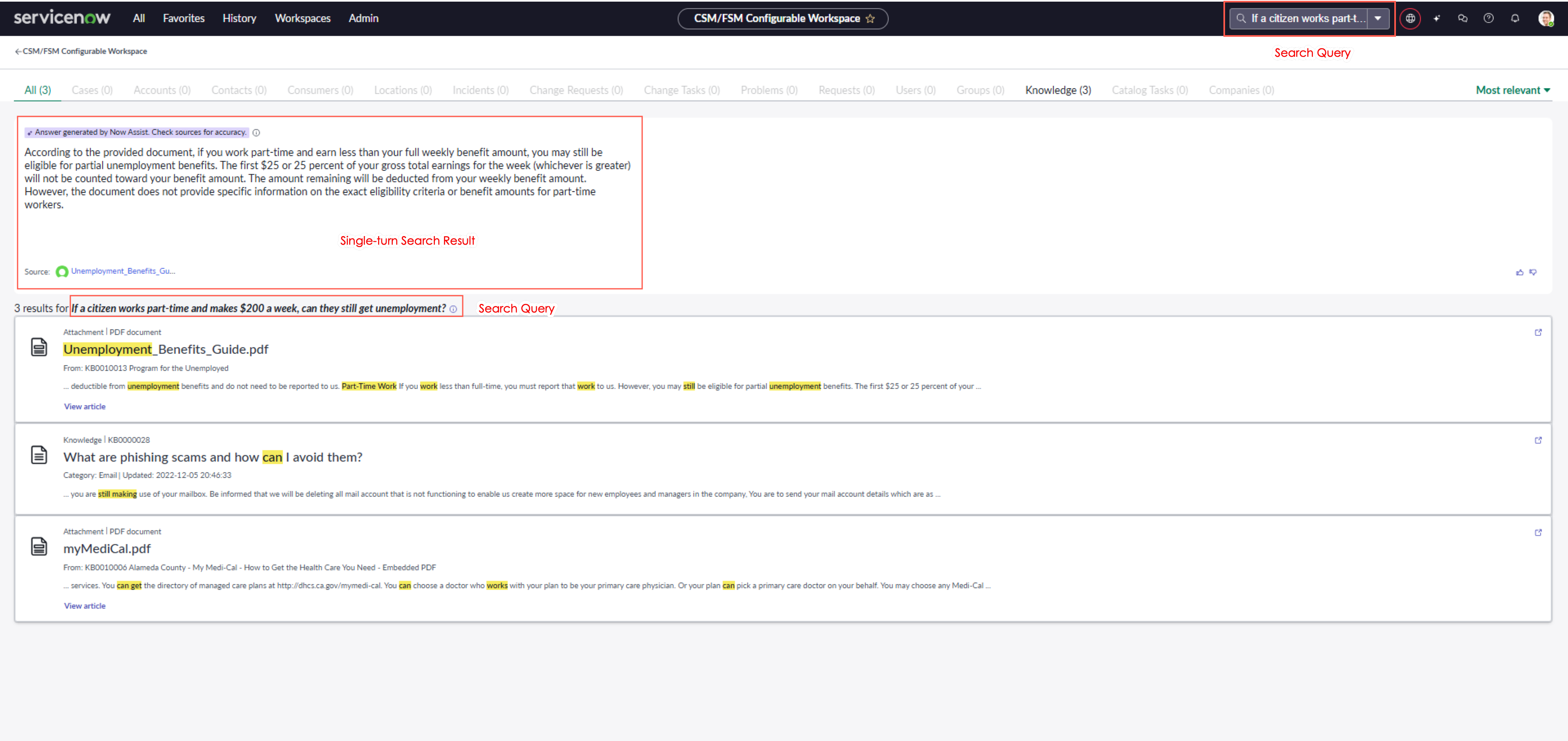 Answer generated to agent query in CSM Configurable Workspace for Public Sector