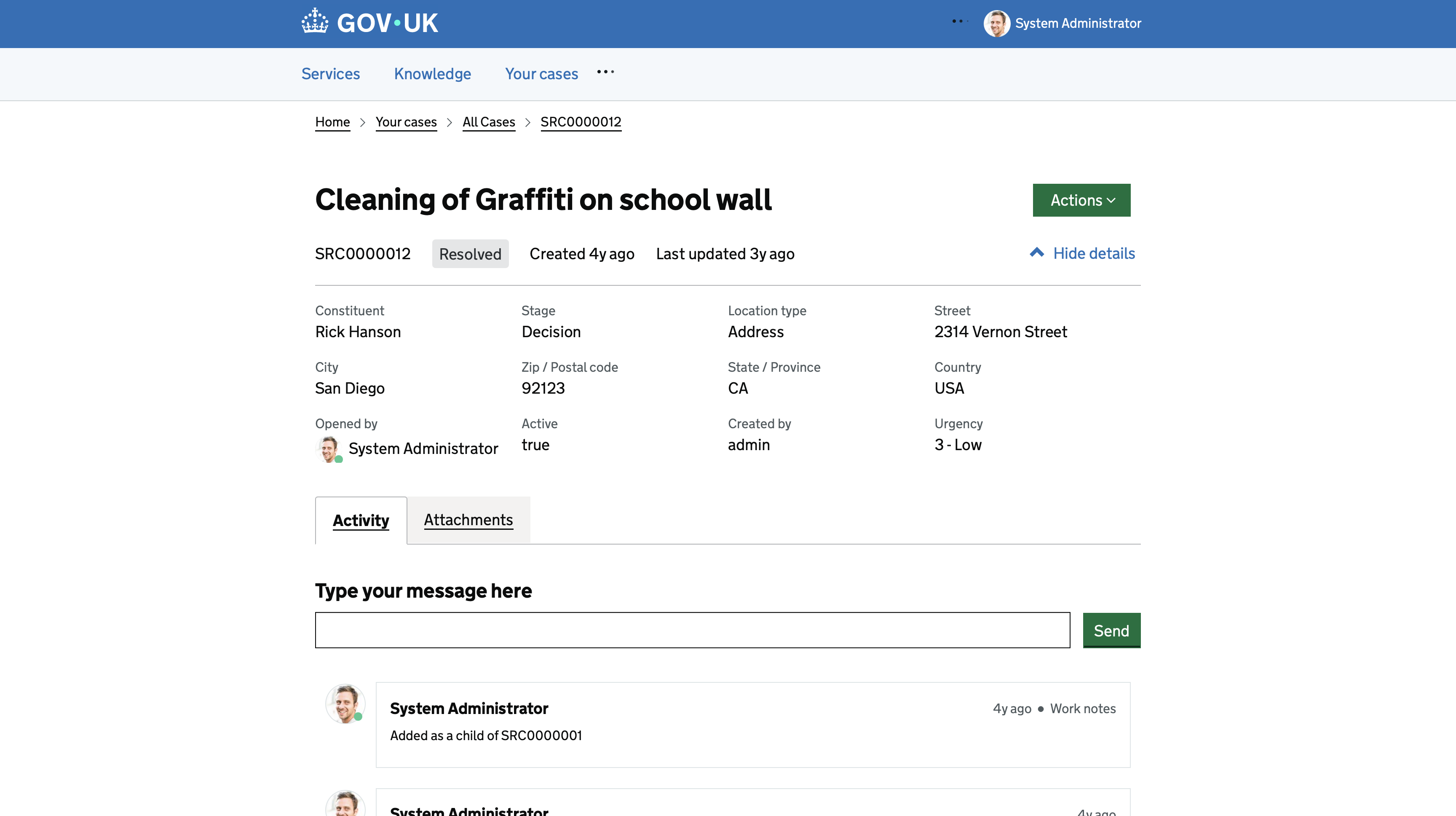 Standard ticket page for a GDS Service Portal record producer