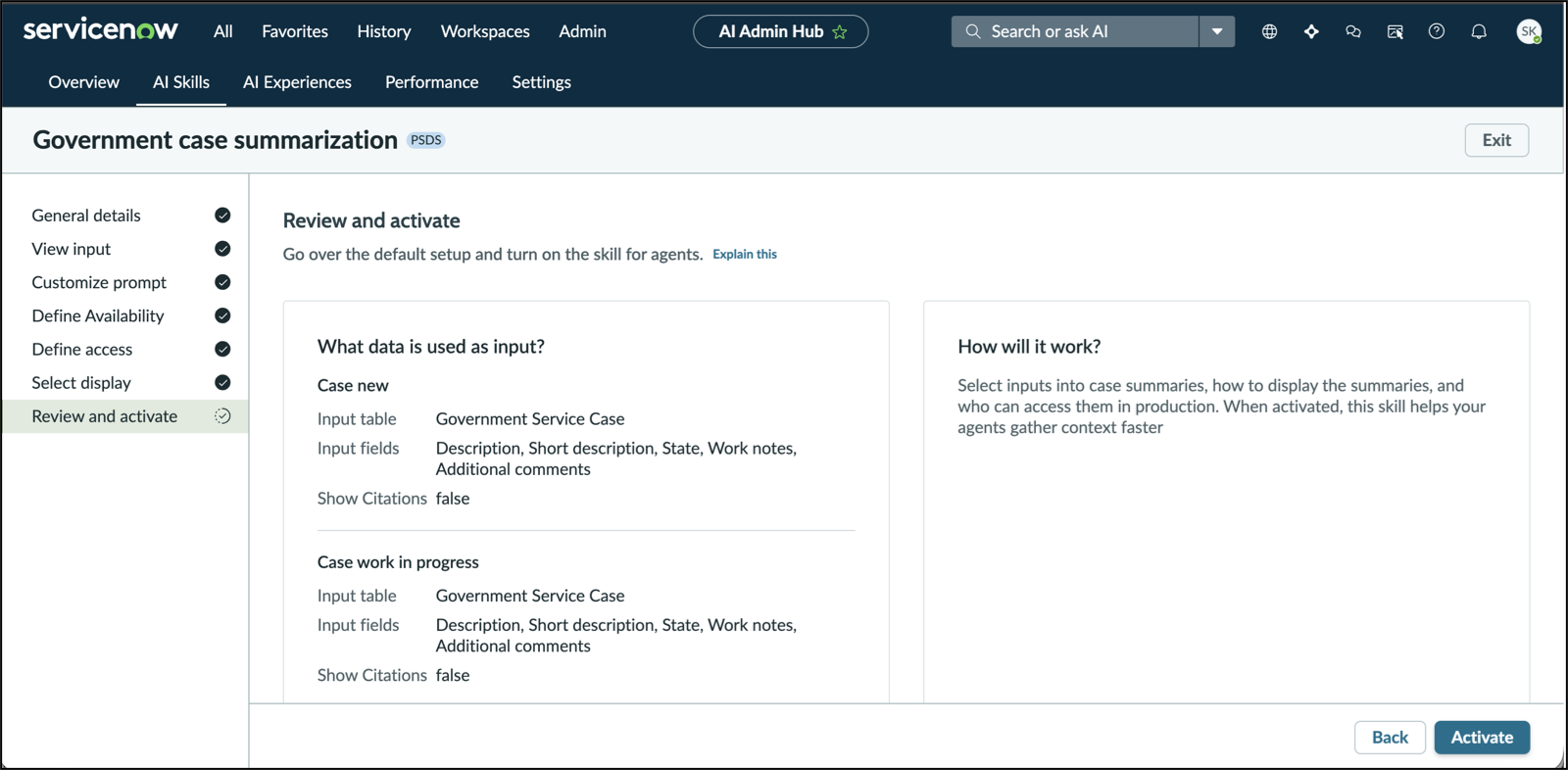 Modal showing Activate option for the government case summarization skill