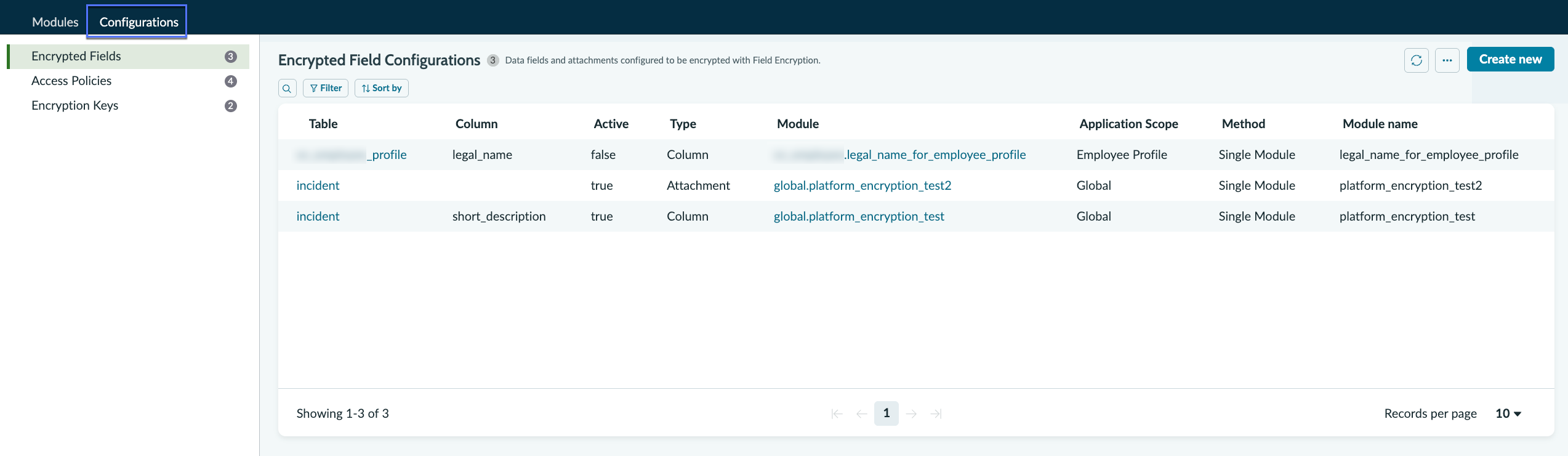 Field Encryption Experience Configurations tab