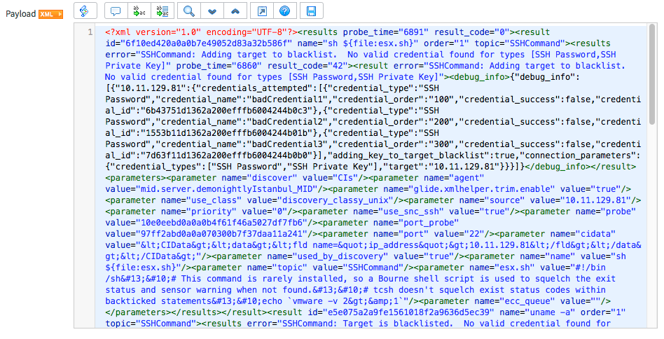 Sample payload showing invalid credentials