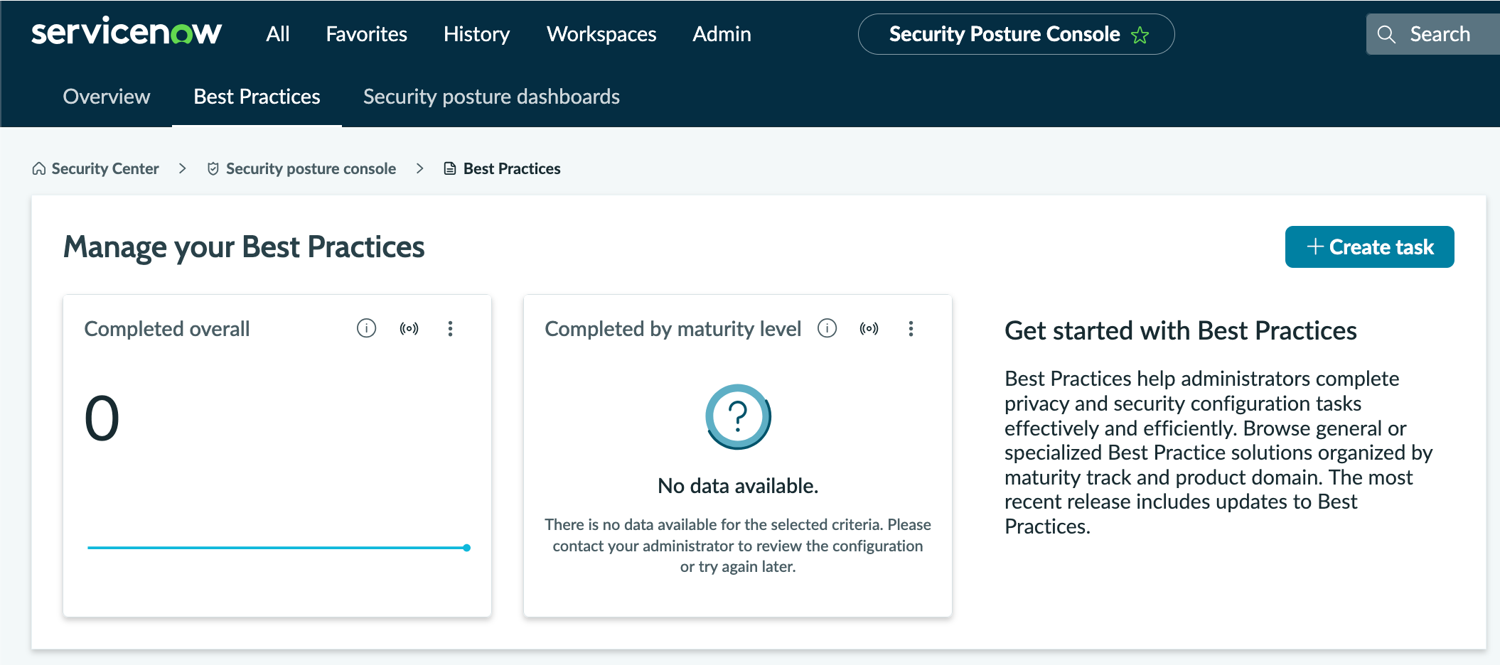 Incomplete best practice record with create task button