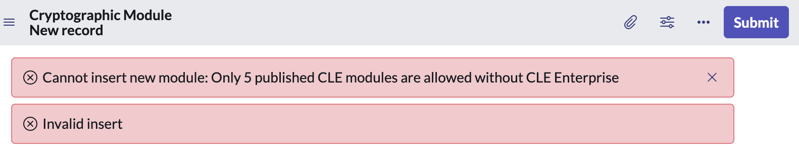 Error message for maximum modules created in FEE.
