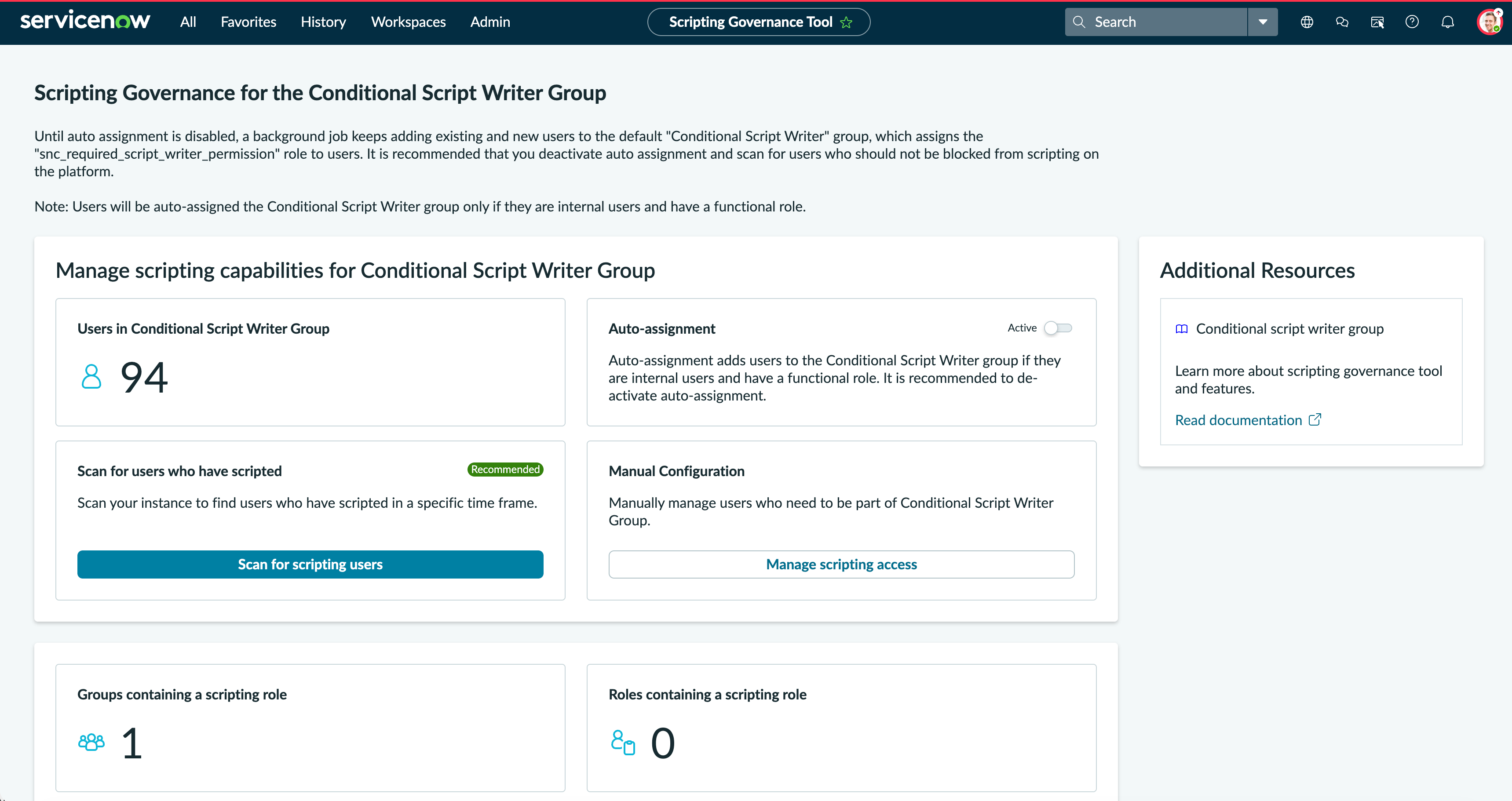 Scripting Governance Tool dashboard
