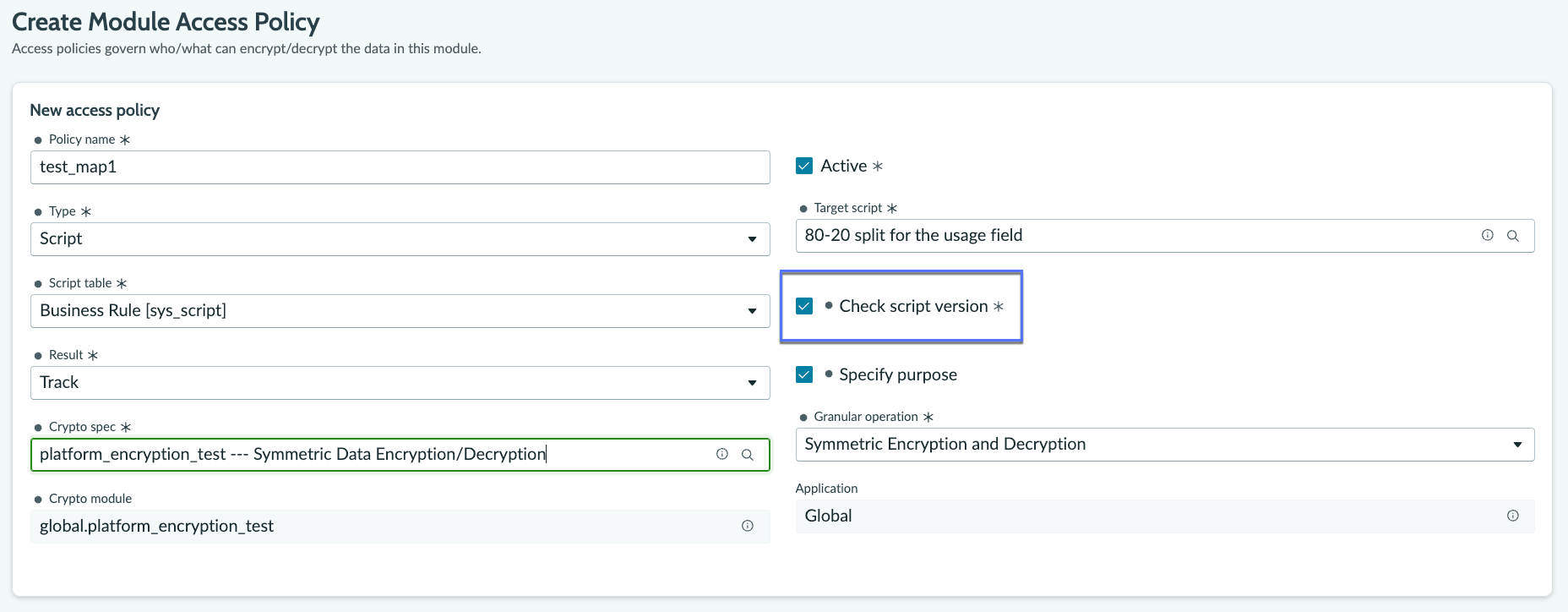Shows the check script version checkbox in a module access policy.