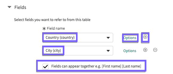 Fields section of the Add a table to refer to page. Select one or more fields and configure the options.