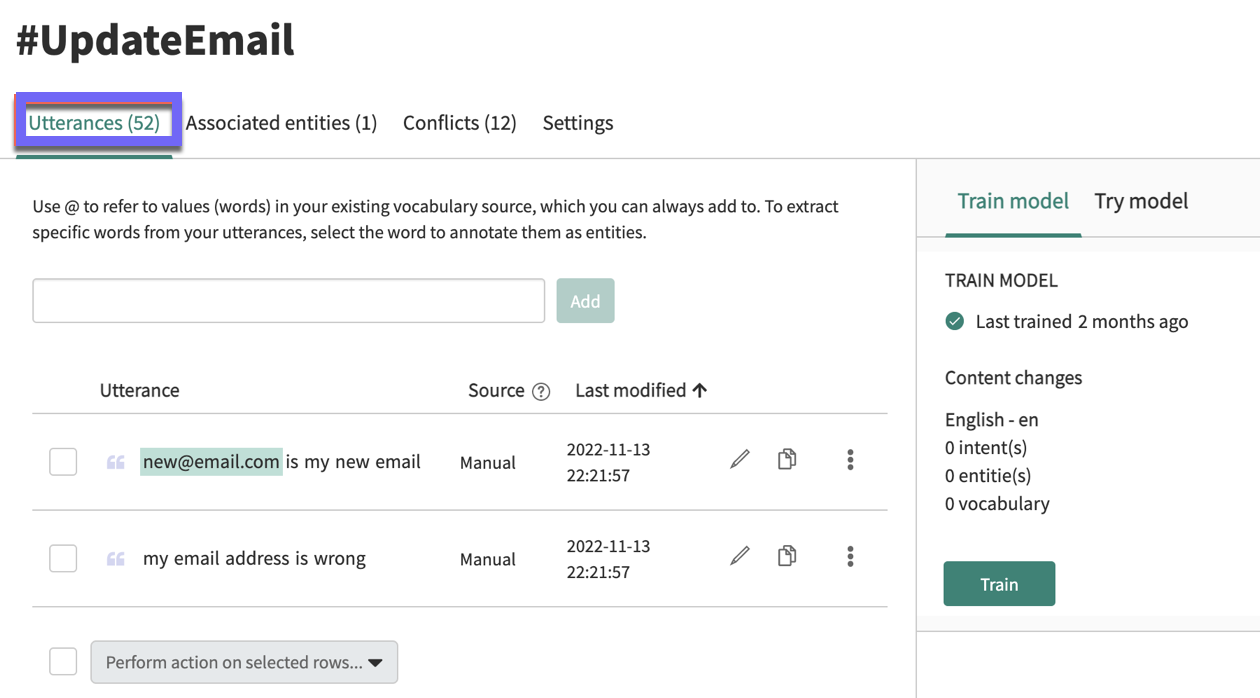 Utterances tab for an example intent.