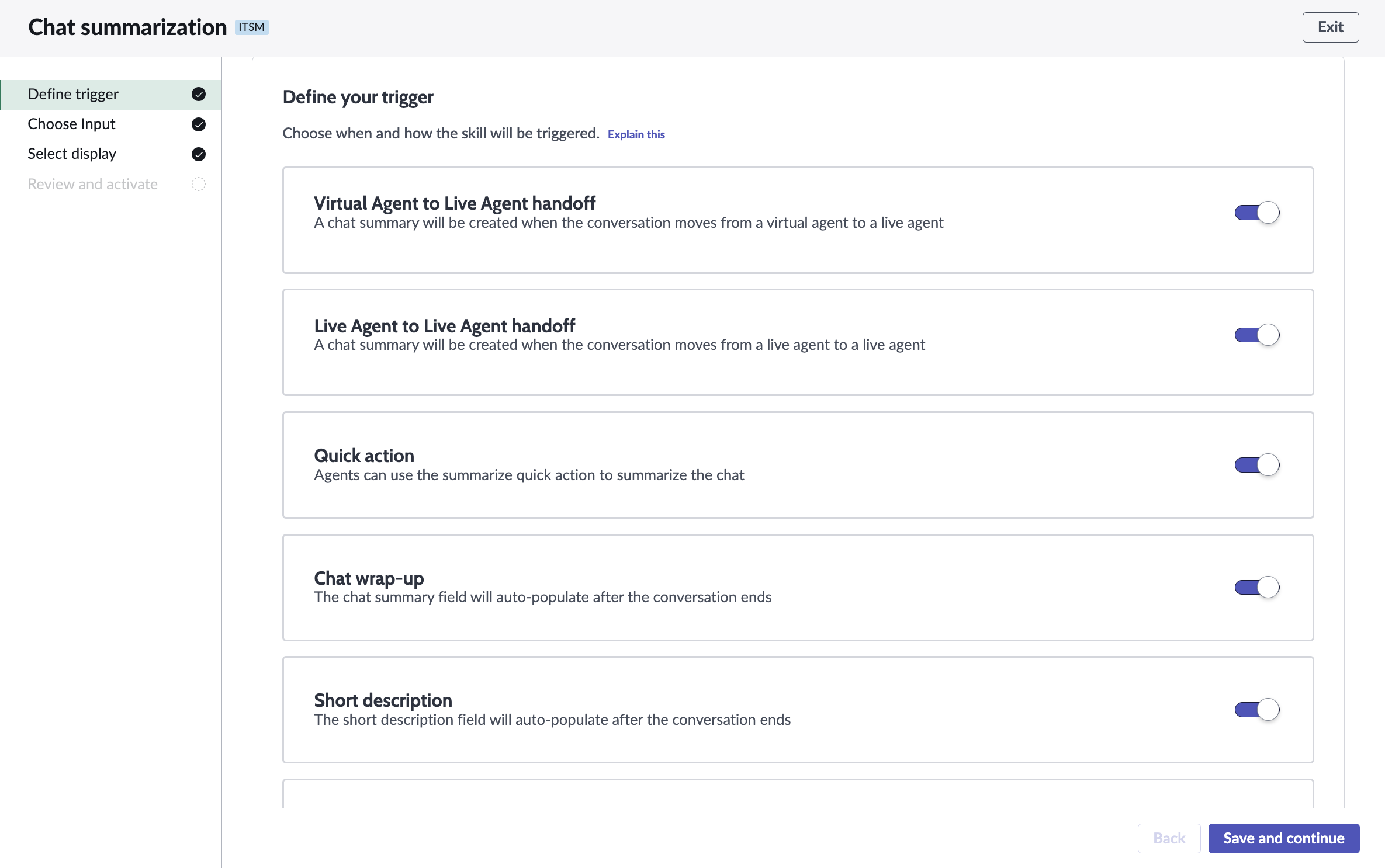 チャット Now Assist 要約用に選択されたトリガー。