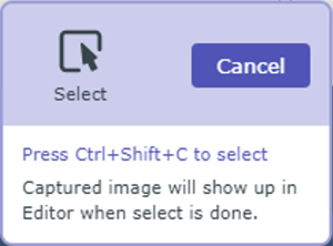 Manual capture floating panel with Select and Cancel UI actions.