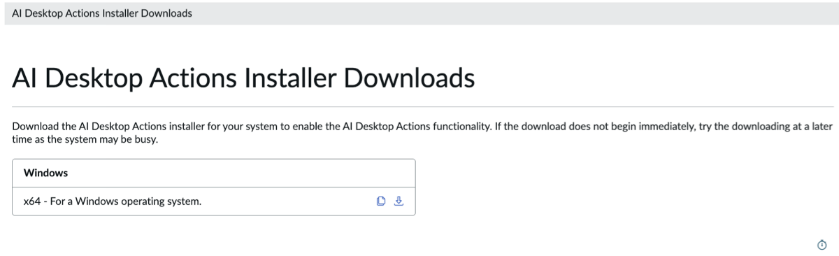 AI デスクトップアクション インストーラーをダウンロードするためのダウンロードページ。