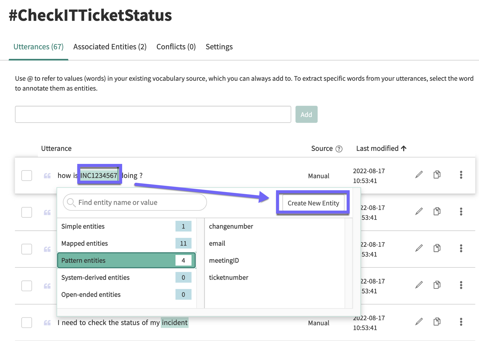 Entity window in the Utterances tab of the intent details page.