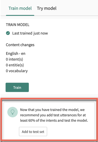 The recommendation to add test utterances, shown after training.