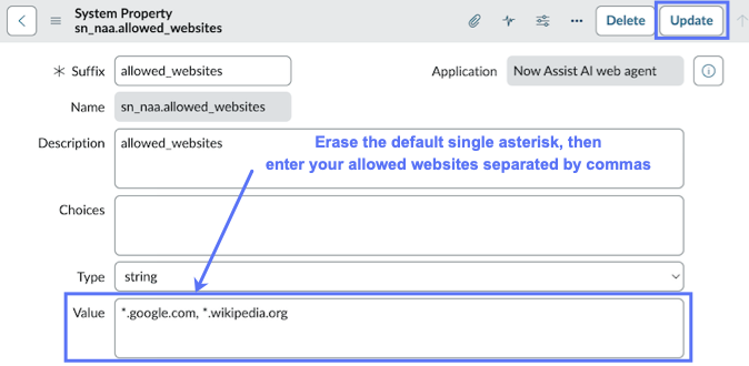 システムプロパティ sn_naa.allowed_websites の Web フォーム。[値] フィールドに 2 つのサンプル Web サイトが含まれています。Web サイトはカンマで区切られています。