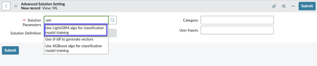 In the Advanced Solution Setting new record, in the Solution Parameters field, the option Use LightGBM algo for classification model training is highlighted.
