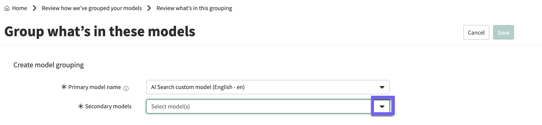 The page titled Group what's in these models, with the Secondary models list highlighted.