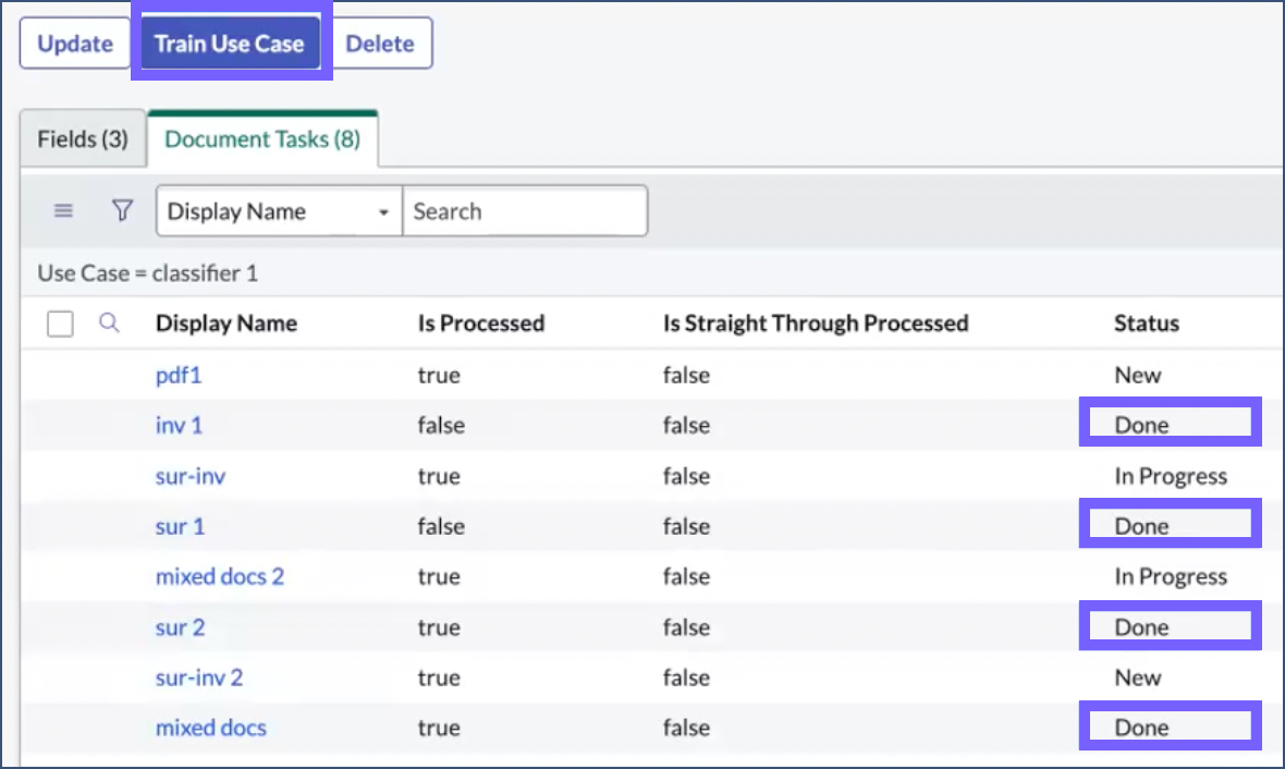 Completed document tasks used to train the use case