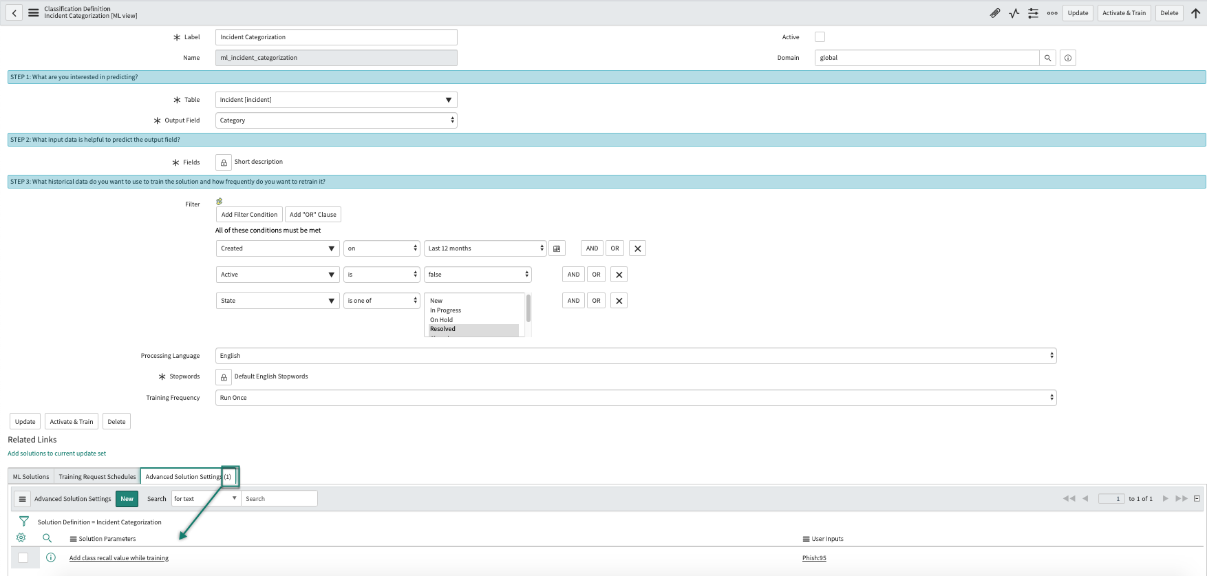 When you submit the record you created, the solution parameter for class recall appears on your solution definition form.