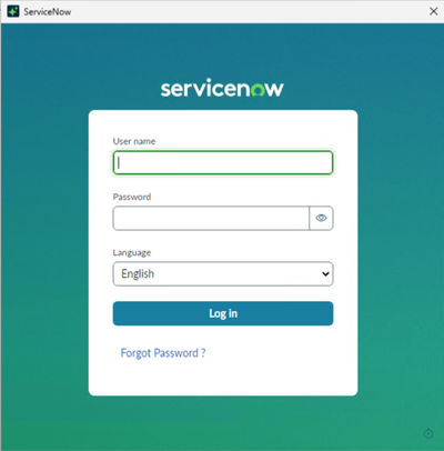 Login window for entering your ServiceNow account username and password.