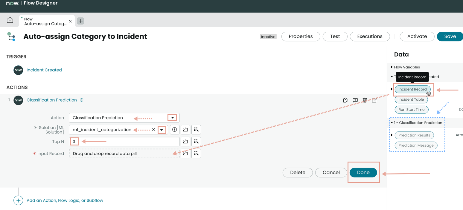 An image showing how to drag and drop the trigger record pill into the Input Record field.