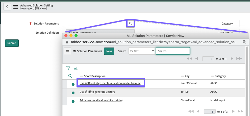 How to create the parameter record by selecting the Search button, and then selecting the XGBoost key Short Description.