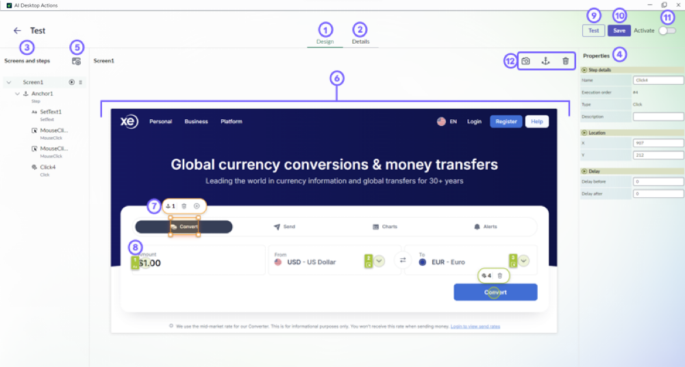 Agentic Desktop Design tab that shows interface elements like Design, Details tabs, Screens and steps panel, and a captured currency converter screen with numbered annotations.