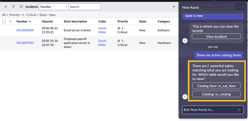 If Now Assist finds multiple possible results, it presents them for you to select your choice.
