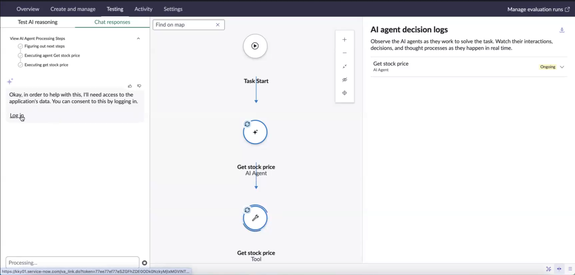 Initial chat response from testing an AI agent that has an MCP tool indicating that it requires authentication.