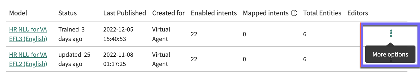 The More options menu in the model list