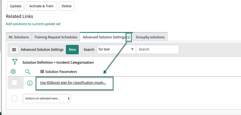 The Advanced Solution Setting parameter for XGBoost as configured on your classification solution definition form.